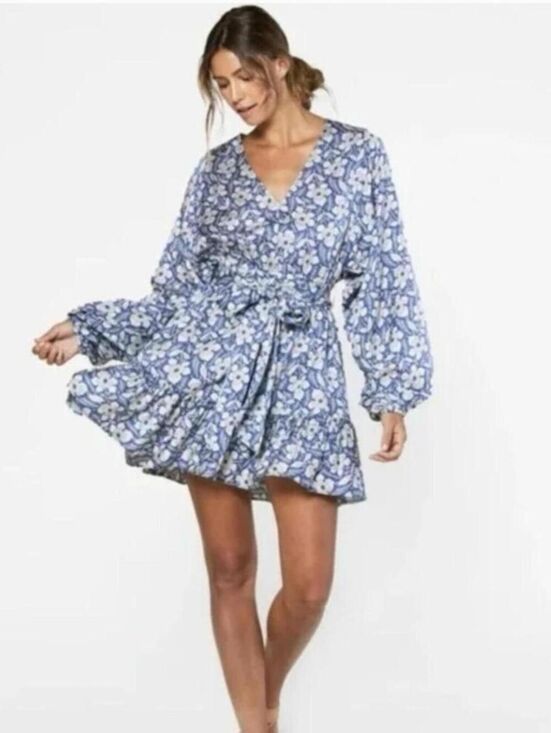 Outerknown Dresses & Skirts - Outerknown Lulu Floral Dress Women Size M Blue Silk Blend Ruffle Festival Boho